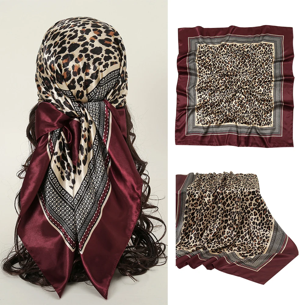 Foulard carré imprimé léopard pour femmes, 90x90cm, sensation de soie, écharpe en Satin, Hijabs rétro vin rouge, enveloppes pour cheveux, cadre coloré, Turban Floral