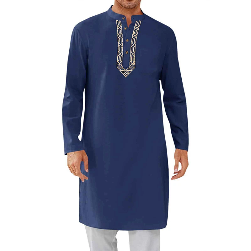 Eid Mubarak – Kaftan pour hommes musulmans – Chemise longue – Broderie dorée de luxe – Col Henry – Manches longues – Robe traditionnelle du Moyen-Orient – Abaya décontractée