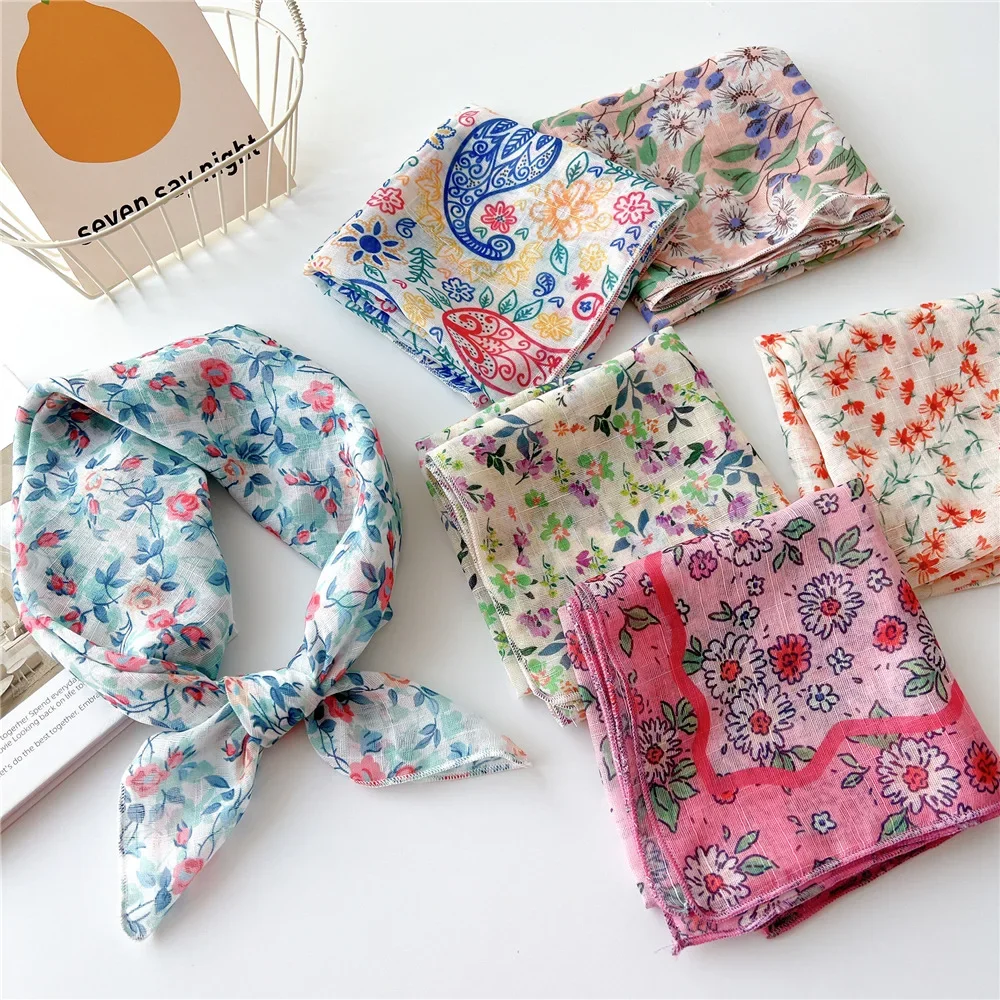 Foulard Bandana en coton pour femmes, petit Hijab imprimé Floral, mouchoir pour cheveux, bandeaux carrés de 55cm, foulards de cou