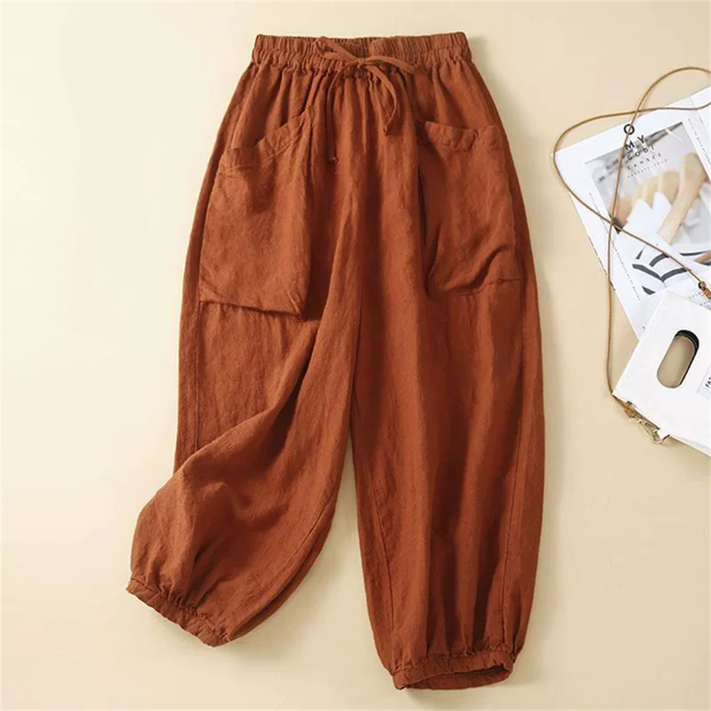 Mode coréenne coton noir pantalon femmes été 2025 nouveau décontracté ample grandes poches élastique taille haute lanterne pantalon pantalon