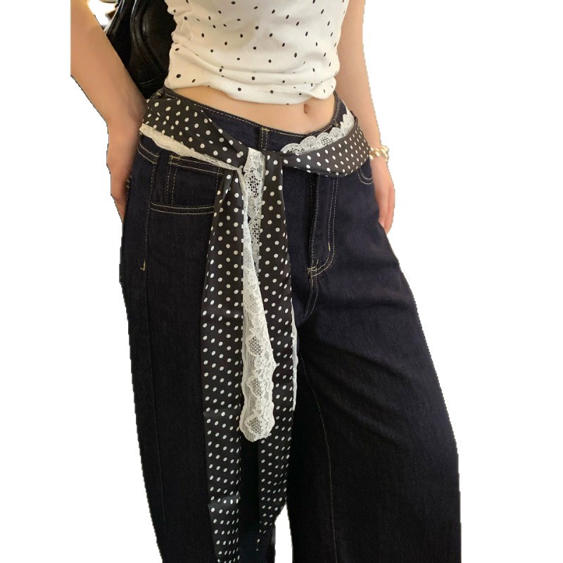 1 pièce Ceinture de taille rétro en soie à pois avec dentelle, accessoire décoratif pour femme, à superposer, pour jeans et jupes, mode quotidienne