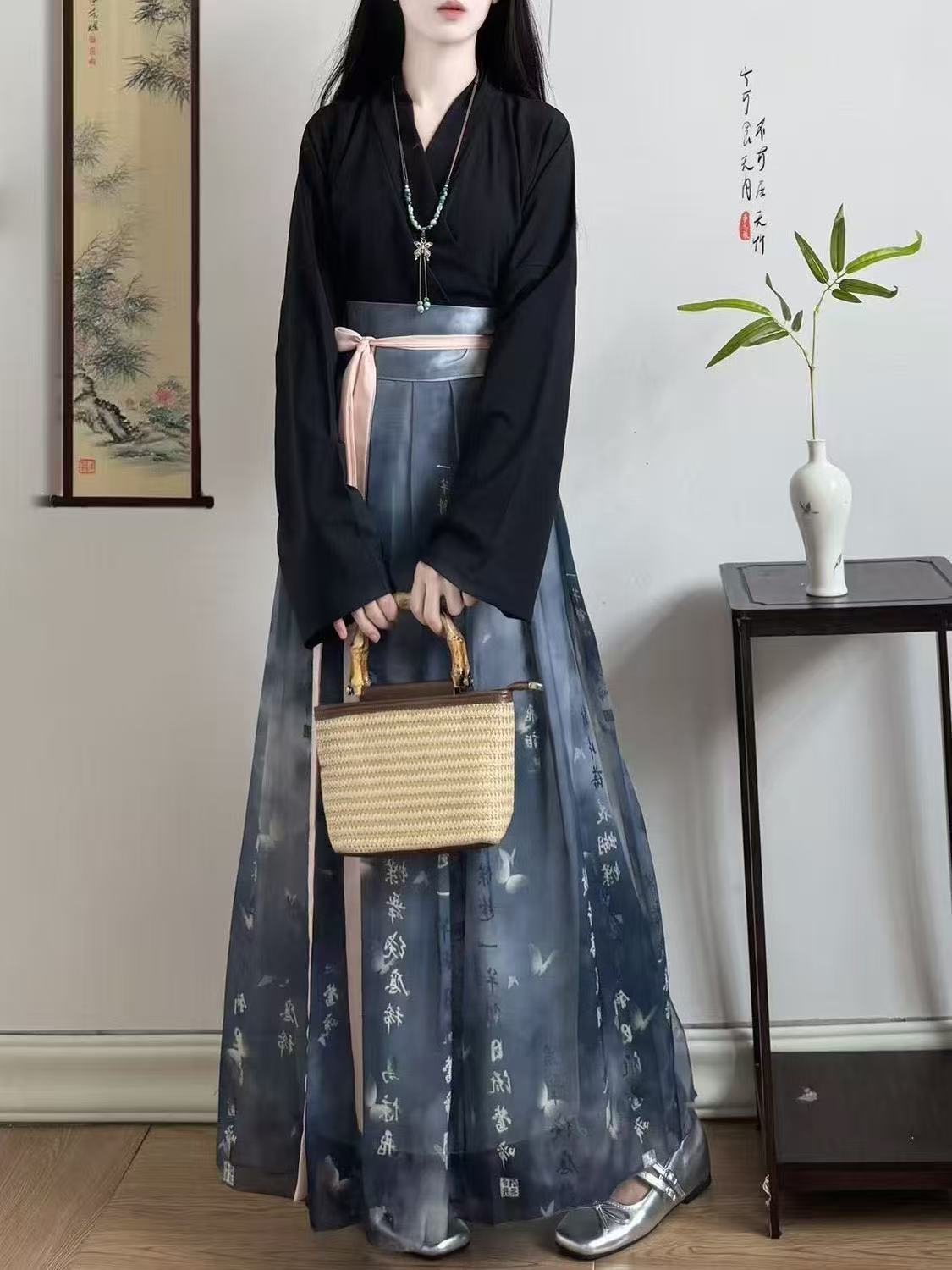 Robe Hanfu originale pour femmes, Costume traditionnel de la période Weijin, chemise confortable en mousseline de soie à manches longues, ensemble jupe, Costume de danse sur scène