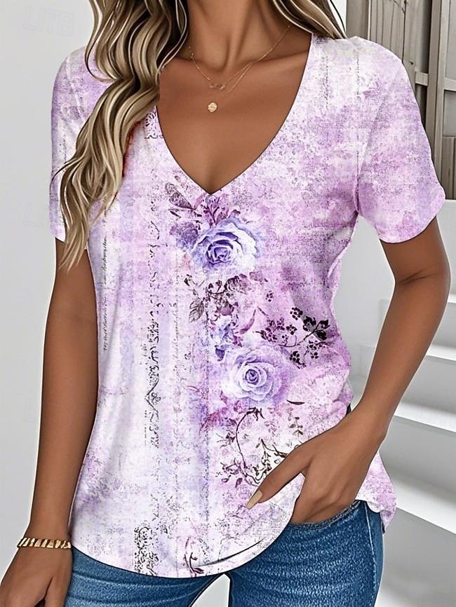 T-shirt décontracté pour femmes style bohème, col en V, imprimé rose aquarelle vintage, ourlet incurvé, manches courtes