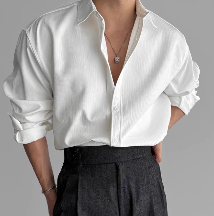 Chemises pour hommes 2026 printemps automne Premium texturé bureau affaires chemise couleur unie ample à manches longues décontracté Niche robe chemise