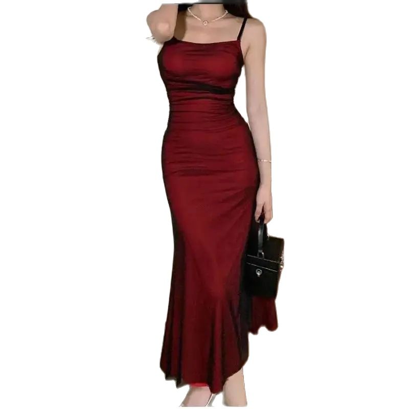 Robe longue froncée à bretelles spaghetti pour femmes, corset français, rouge vin, tenue de soirée élégante, vintage