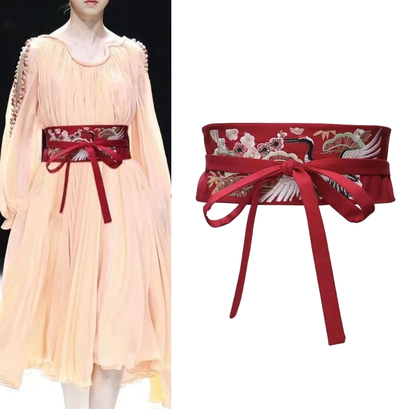 Ceinture Hanfu chinoise large, ceinture à nouer avec broderie chinoise, artisanat grue
