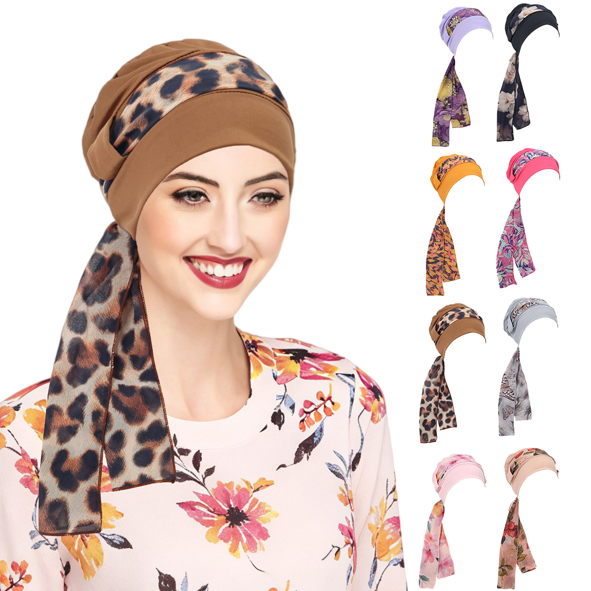 Nouveauté 2026 : Chapeaux à imprimé floral pour femmes, Hijabs musulmans élastiques, Foulards à longue traîne, Bonnets de chimiothérapie, Bandanas pour le cancer