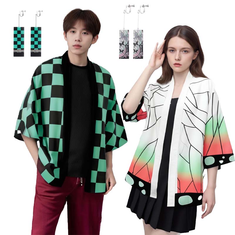 Kimono de Cosplay Anime japonais Tanjiro Nezuko Kamado pour hommes et femmes, manteau d'halloween Shinobu Zenitsu Giyuu, accessoire à Clip d'oreille, costume