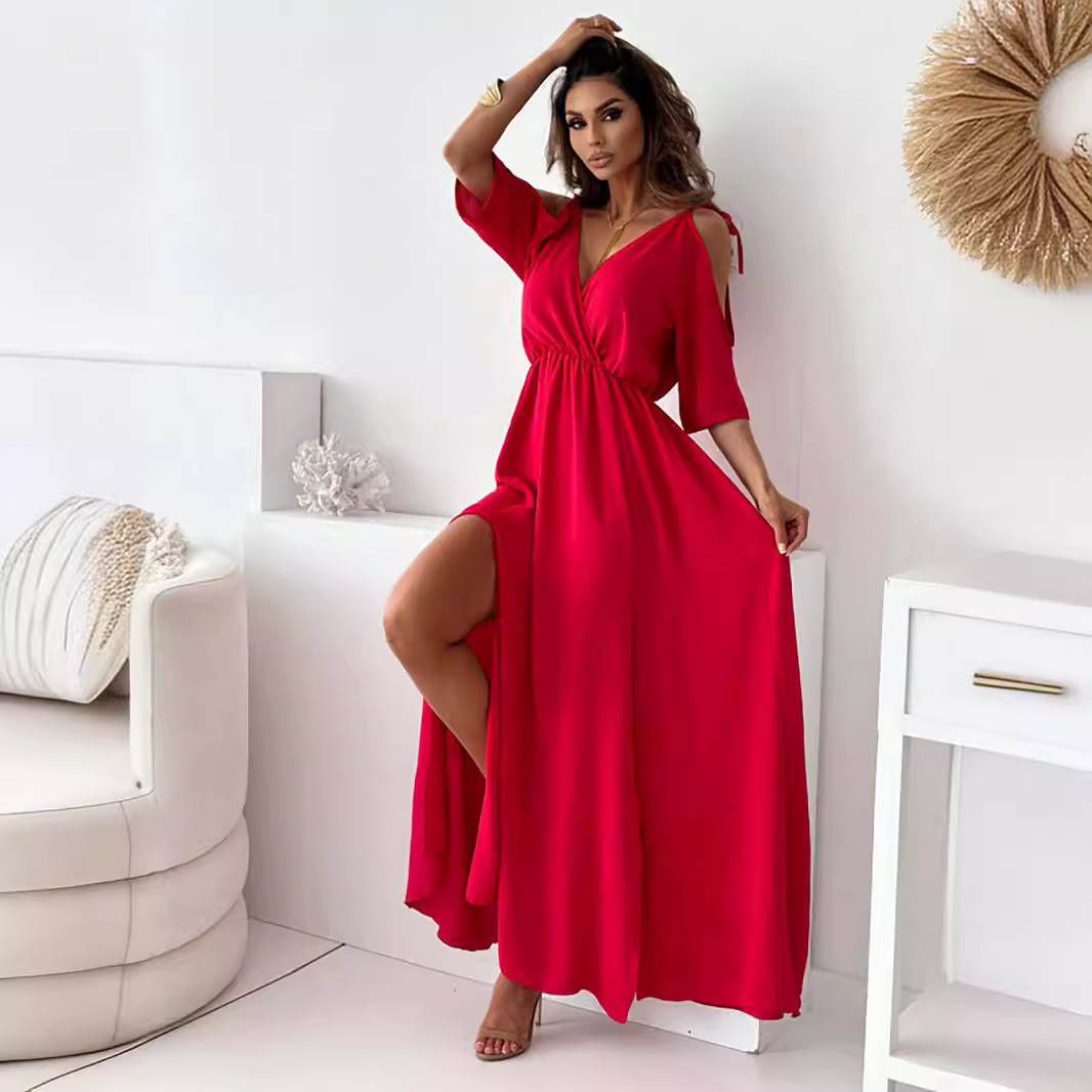 Robe longue décontractée à lacets pour femmes, robe de soirée fluide, col en V uni, manches courtes, mode élégante