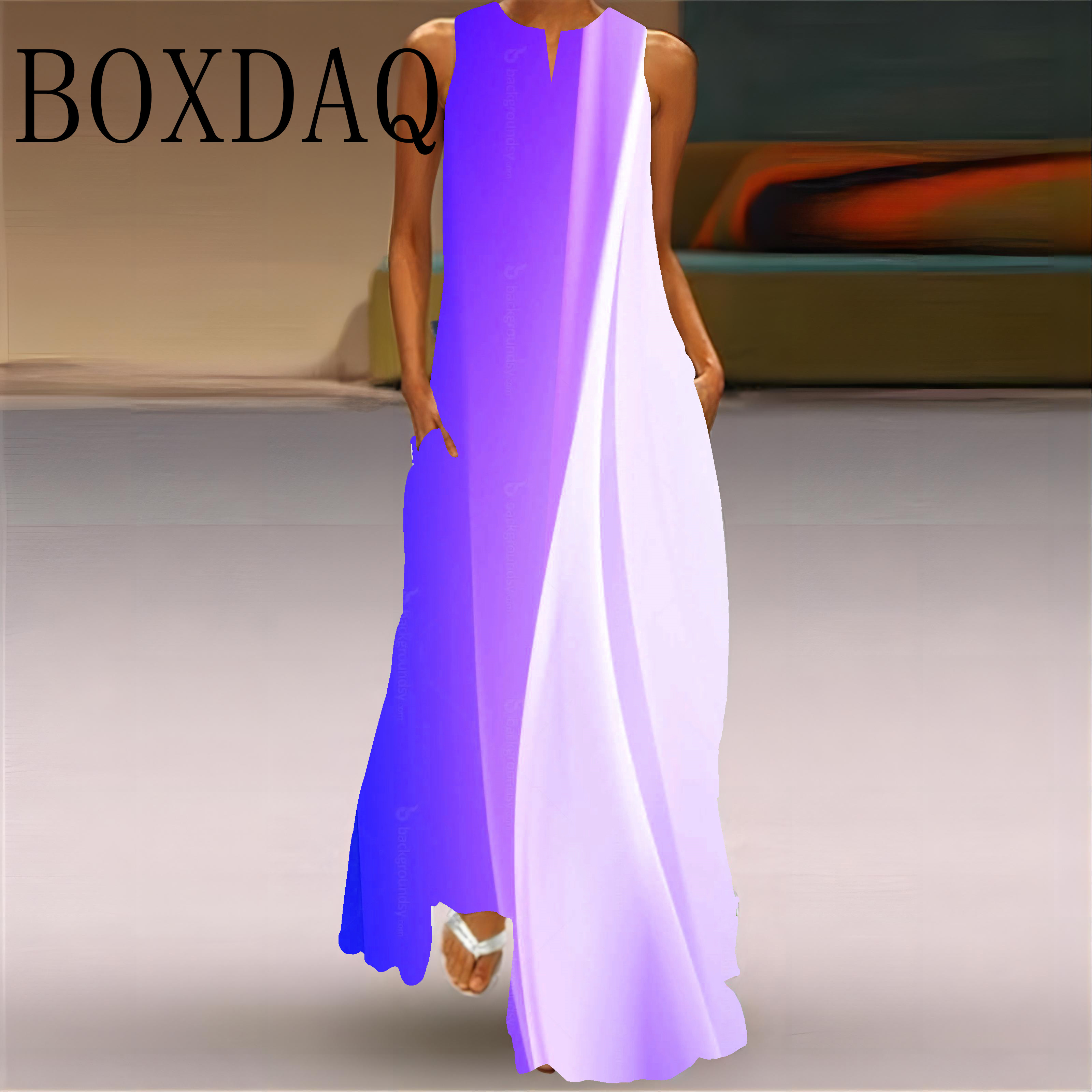 Robe Maxi à imprimé dégradé pour femmes, ample, sans manches, longue, élégante, mode dames, col en V, poches, nouvelle collection été 2025