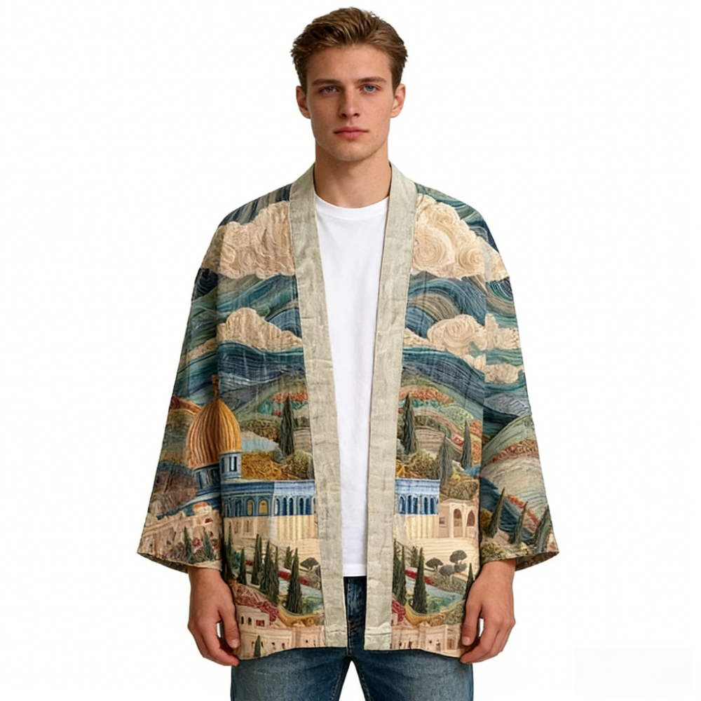 Kimono Cardigan à Imprimé Artistique, Veste Orientale Ample à Col Ouvert, Légère en Coton, Manches Longues, Idéal pour la Plage et les Vacances d'Été