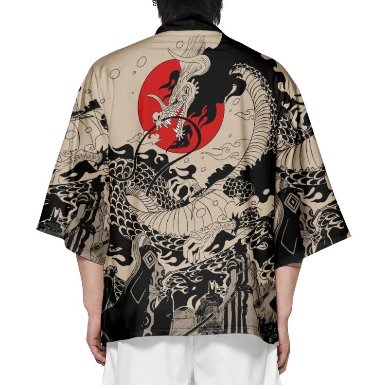 Manteau Kimono japonais Vintage pour hommes, grande taille, Style imprimé Dragon Anime, Cardigan en Polyester unisexe Yukata Haori, Kimono traditionnel