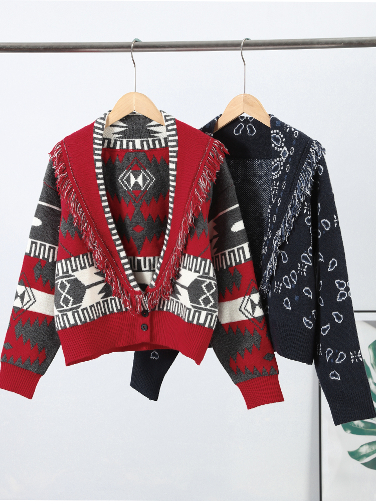 Manteau chic pour femme, col en V, manches longues, franges, boutonnage simple, jacquard, cardigan en tricot pour femme, haut tendance pour l'automne.