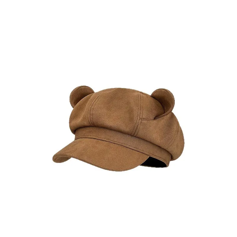 Béret marron rétro Collection, chapeau octogonal à oreilles mignonnes pour femmes, automne hiver, Bonnet d'oreille mignon, Bonnet réglable à la mode