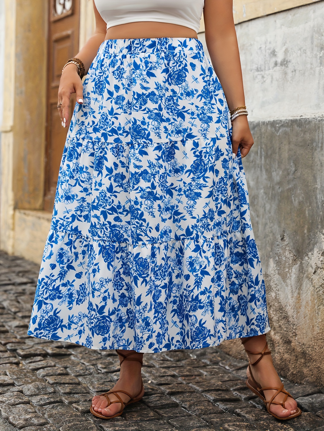Jupe mi-longue élégante à imprimé floral pour femmes, grande taille, mode décontractée, taille haute, longue, vintage, jupes trapèze