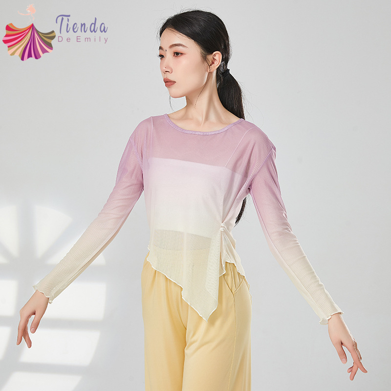 Tenues de danse classique pour femmes, haut en maille, chemise en tulle, document nickel é, ourlet irrégulier, chemisier à col rond mince, vêtements de performance modernes