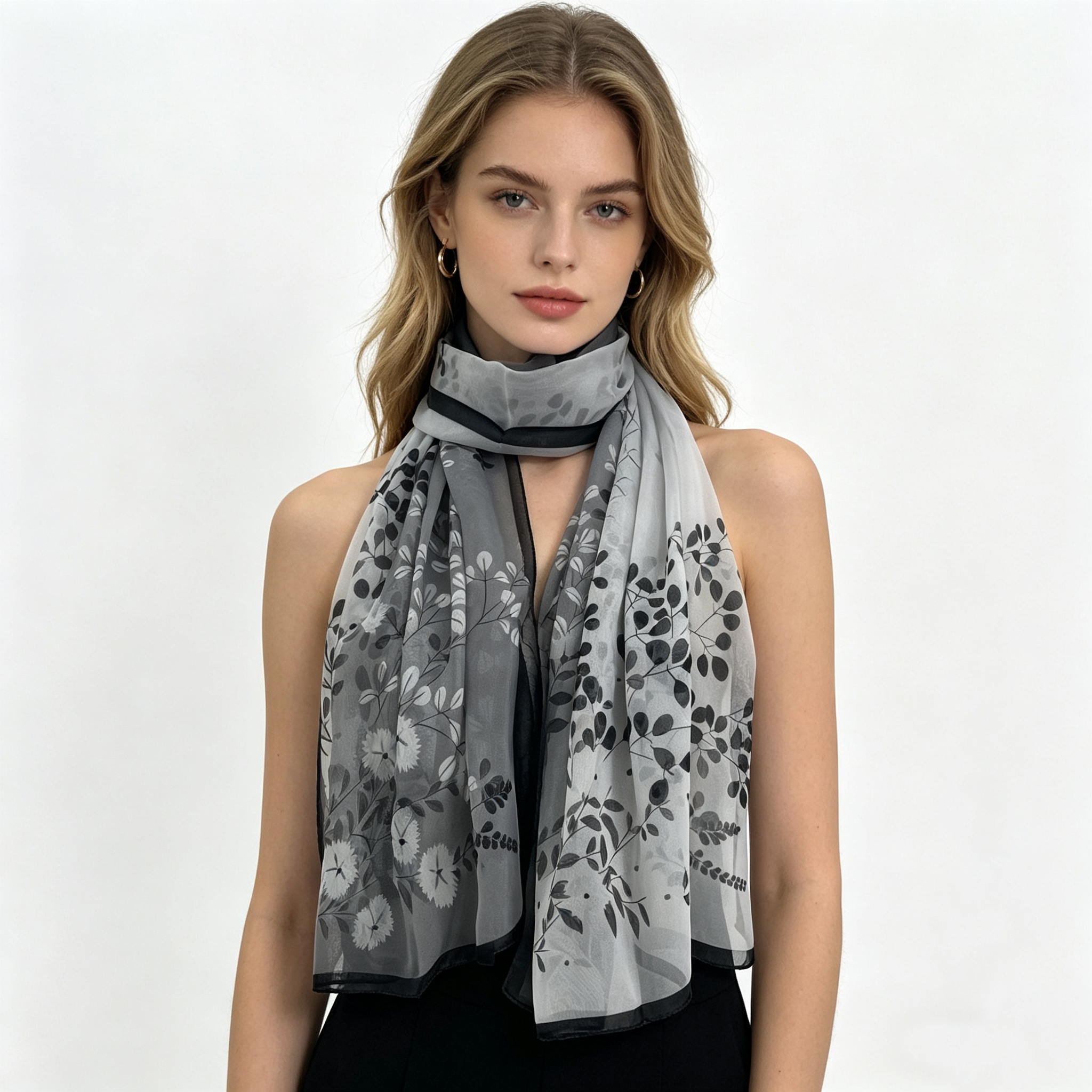 Écharpe légère imitation soie colorée pour femme, motif feuilles et fleurs, polyvalente, pour toutes les occasions
