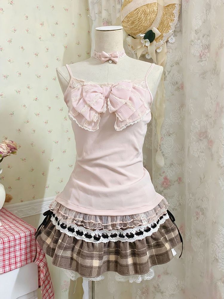 Ensemble de trois pièces japonais pour femmes, chemisier en dentelle à nœud + débardeur + mini-jupe à volants à carreaux, style Y2K vintage kawaii chic coréen
