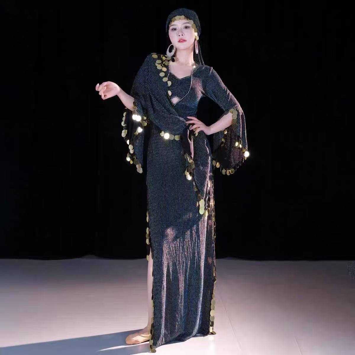 Costume de danse du ventre égyptien, Robe Hafla, Baladi Saidi, Galabeya Abaya, 4 pièces, Robe + coiffure + ceinture + sous-vêtements en coton