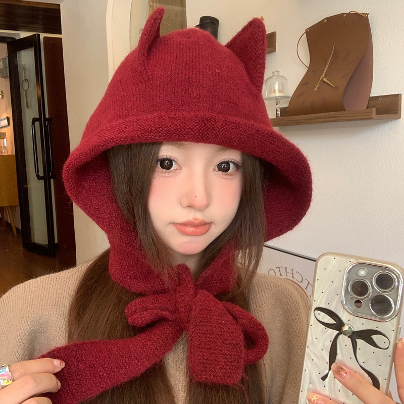 Chapeaux de cagoule en laine mélangée pour femmes, bonnets Show Face, petit design d'oreille de chat mignon, bonnet chaud pour la protection des oreilles, nouveau, hiver