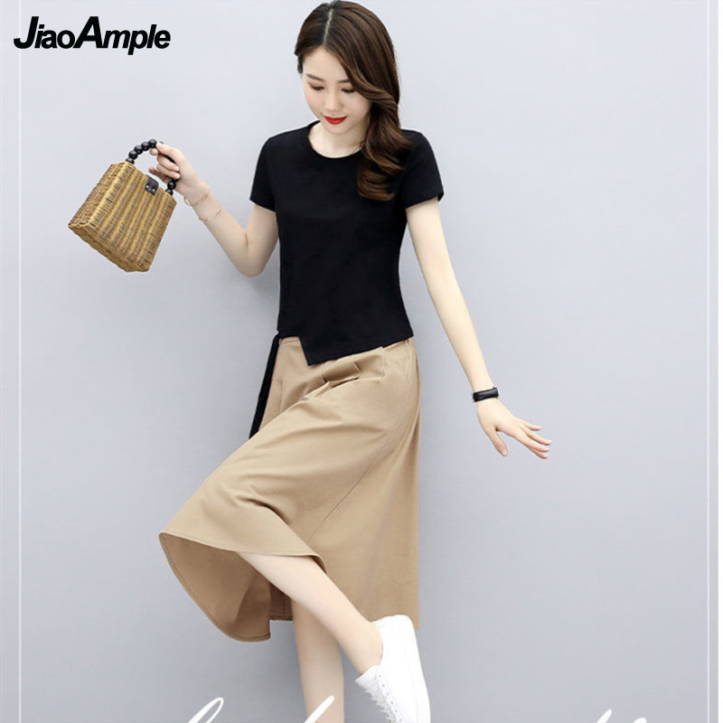 Ensemble t-shirt et jupe midi à manches courtes pour femmes, vêtements féminins élégants, mode coréenne, été, nouveau, 2025, 2 pièces