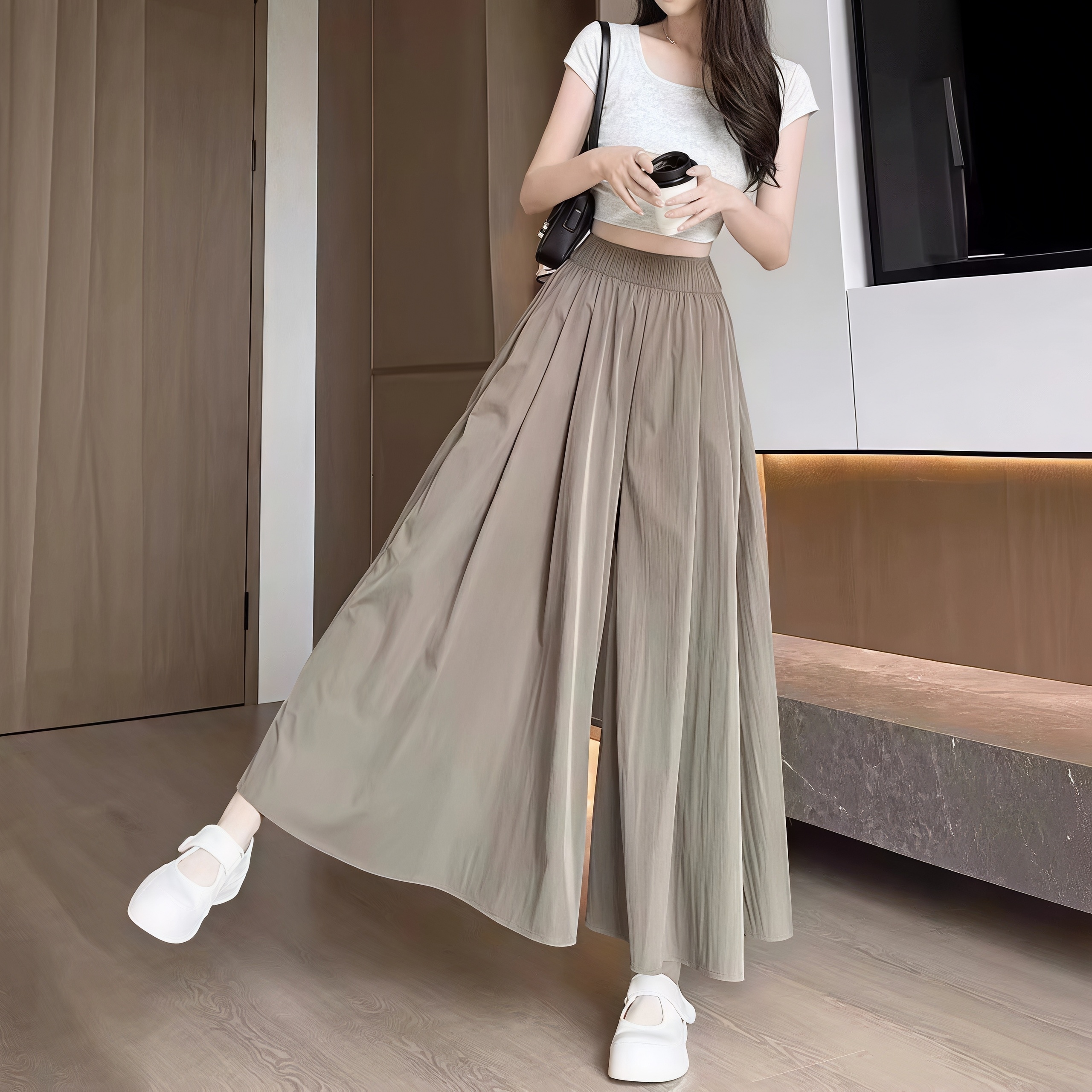 Pantalon-jupe d'été en soie glacée pour femmes, taille haute, élastique, plissé, à jambes larges, ample, fluide, léger, décontracté, long, style palazzo.