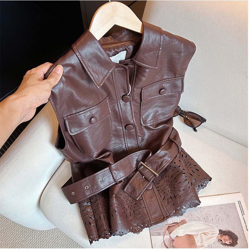 Gilet pour femme en cuir, nouvelle mode rétro, style corset à revers, simple boutonnage, motif ajouré, sans manches, coupe ample