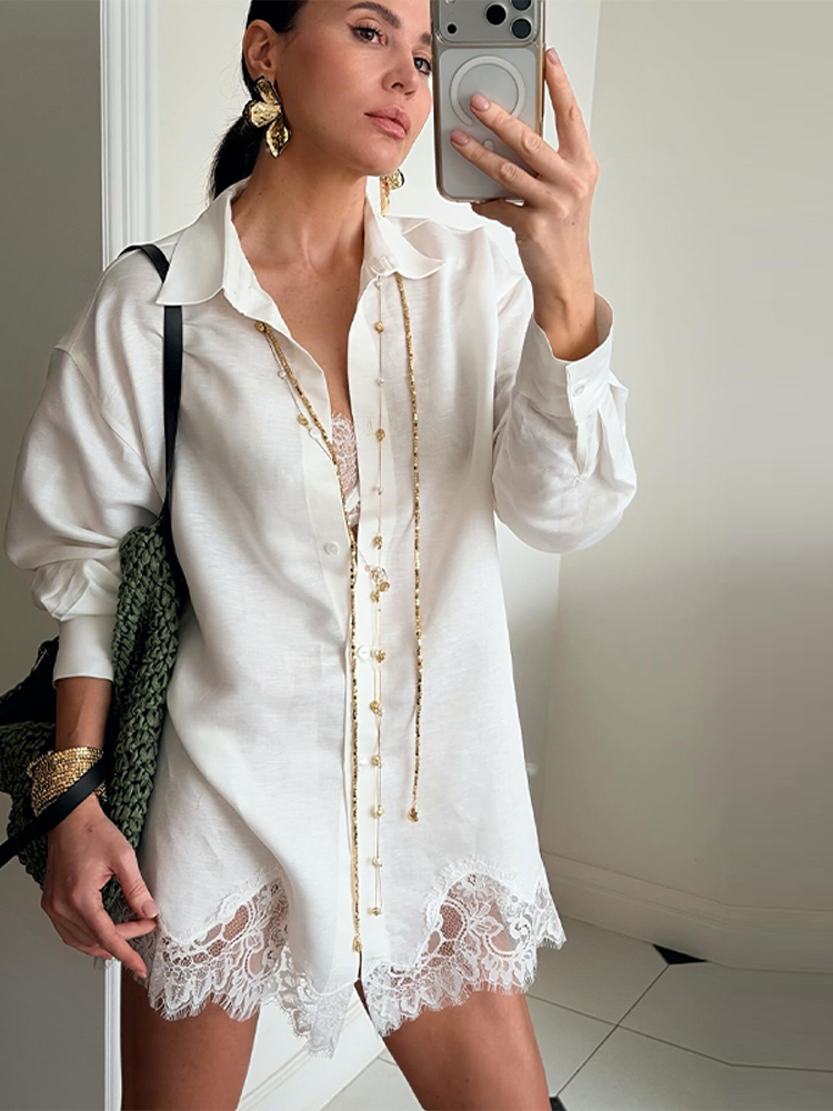 Ensembles décontractés chemises amples et shorts pour femmes, avec revers et patchwork en dentelle, taille élastique, tenues chic pour vacances à la plage été 2026