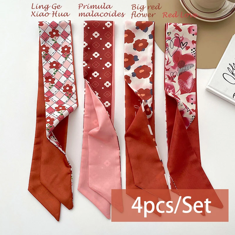 Foulard en Satin de soie pour femmes, série 4 pièces/ensemble, bandes de cheveux en tissu, accessoires de coiffure, foulards pour dames, attaches de cou en ruban pour poignée de sac