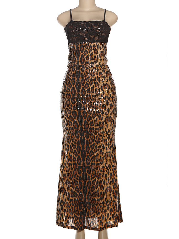 Kliou imprimé léopard robe à bretelles femme Sexy mode col bas dos nu paillettes Patchwork filles chaudes rue Style sauvage longue moulante