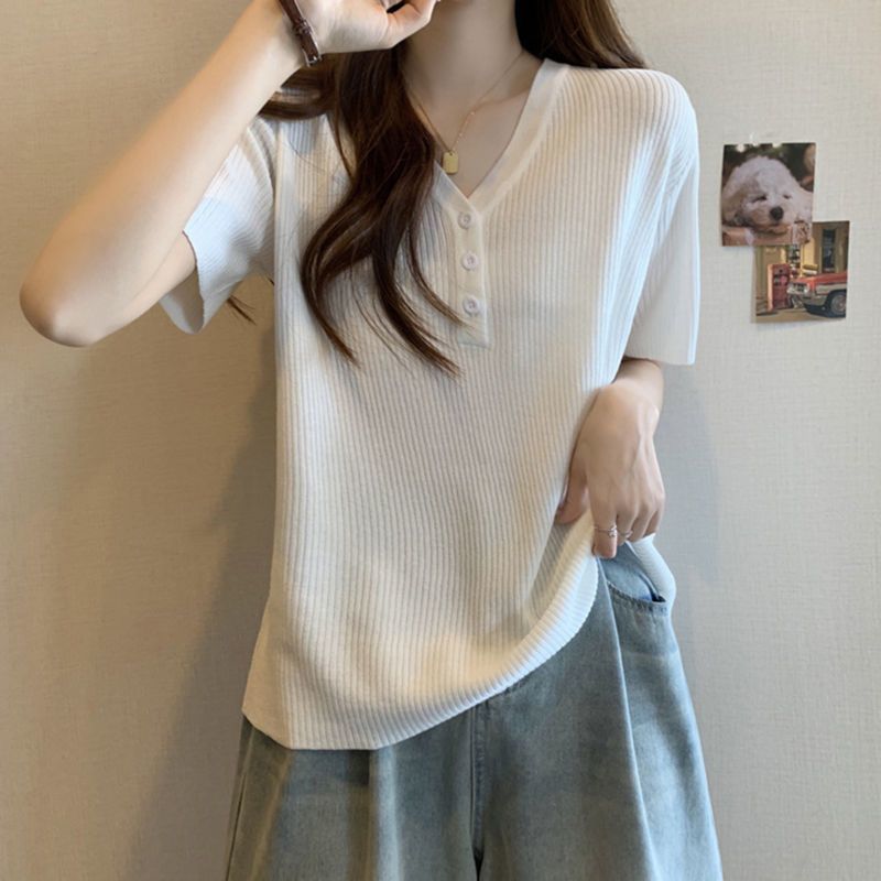 T-shirt d'été pour femmes grandes tailles, nouvelle arrivée, couleur unie, coupe ample, amincissant, cache les imperfections, col en V, manches courtes, confortable