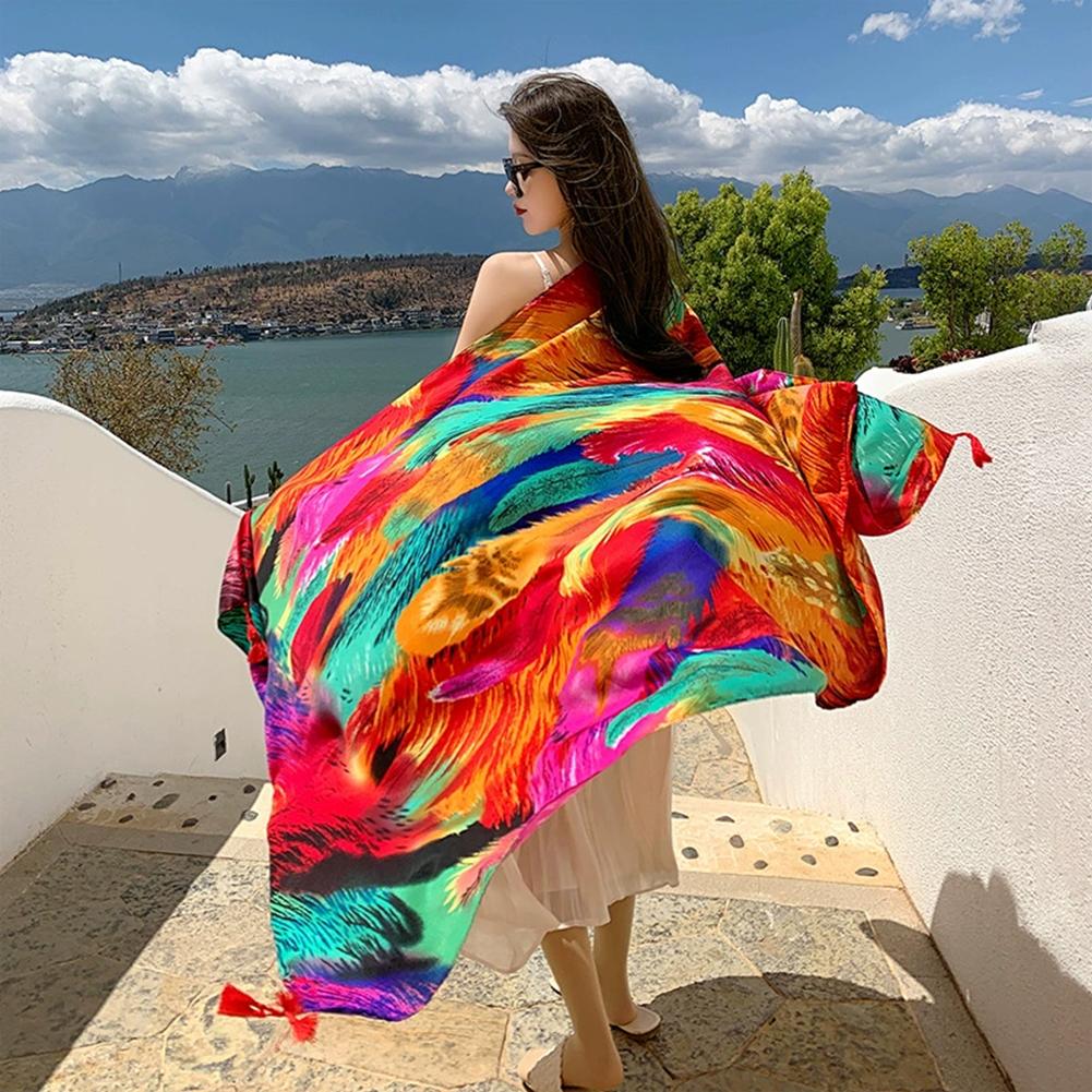 Sarong de plage coloré à imprimé plumes pour femme, grand châle en mousseline de soie anti-UV, écharpe de couverture pour bikini, idéal pour les voyages et la plage