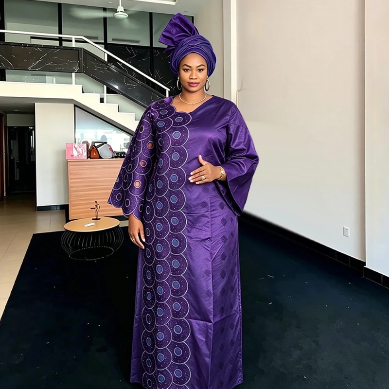 Robes de Soirée et de Mariage Grande Taille pour Femmes Africaines 2026 Nouveauté Dashiki Ankara Broderie Bazin Riche avec Foulard