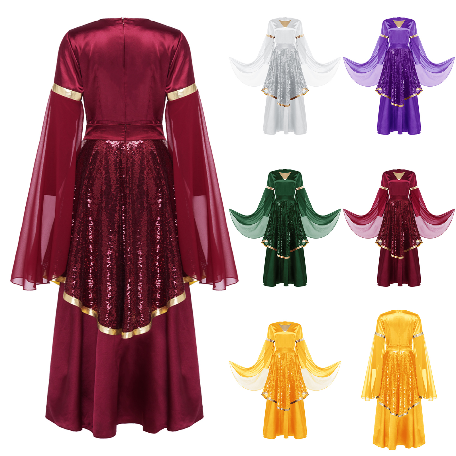 Costume de danse liturgique pour femmes, 2 pièces : robe tunique à manches longues évasées et jupe à paillettes pour la prière et la danse en église