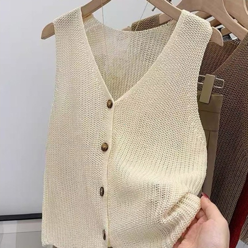 Gilet décontracté en coton et lin coréen pour femme, couleur unie, col en V, coupe ample, idéal pour l'été