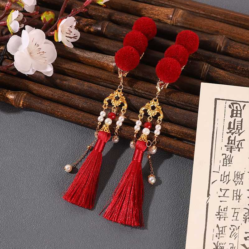 Épingle à cheveux à pompon rouge pour double chignon, style Hanfu du Nouvel An, accessoire de coiffure de style ancien pour femmes et pour la cérémonie parent-enfant