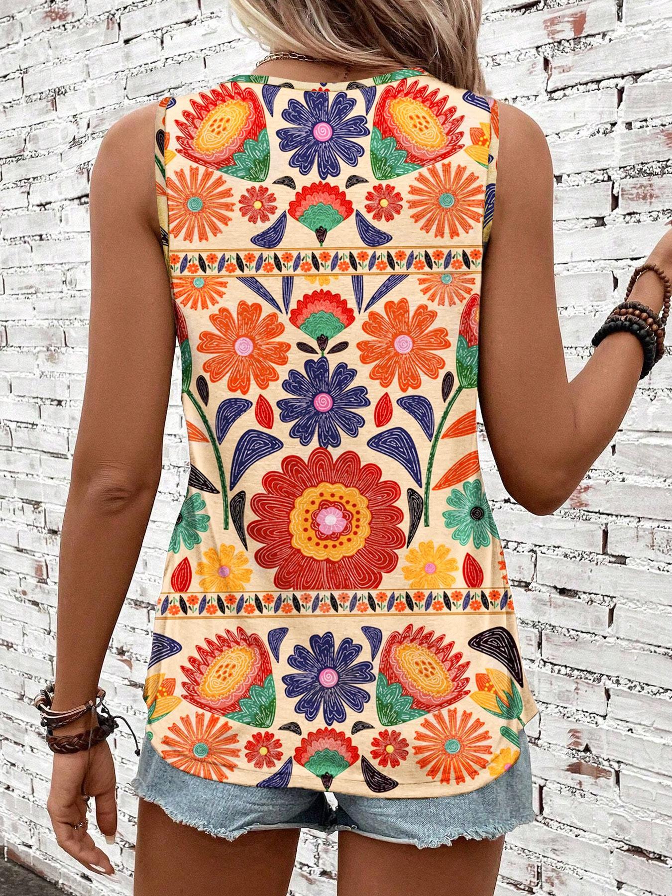 Gilet à imprimé floral pour femmes, col rond sans manches, décontracté pour l'été, style bohème ample pour tous les jours