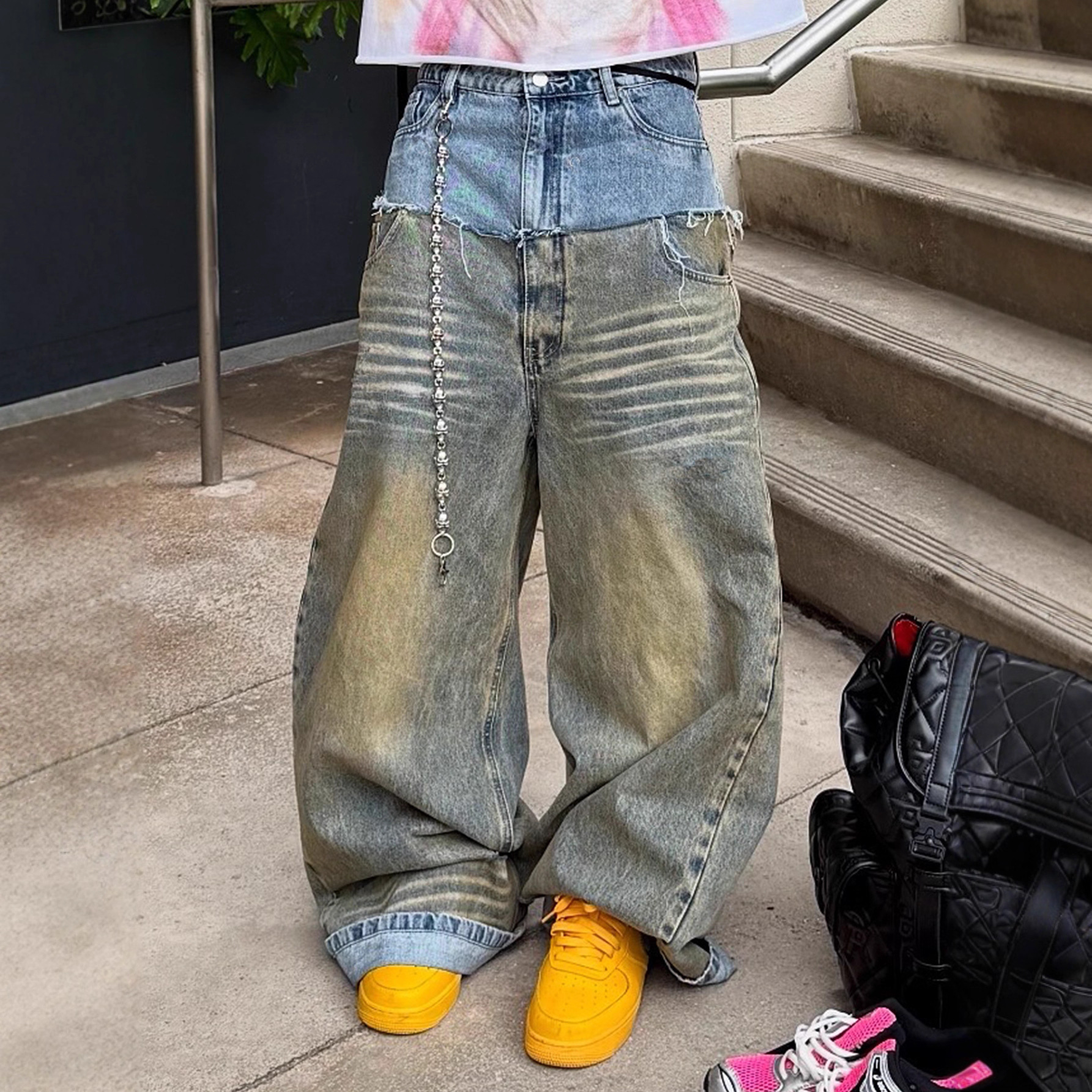 Hommes ample épissé décontracté quotidien à la mode jambe large Denim pantalon européen américain nouvelle mode mâle jean pantalon bas vêtements