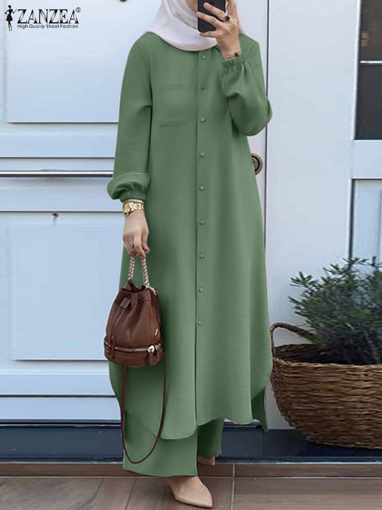 ZANZEA Vintage costume musulman couleur unie revers cou à manches longues Blouse pantalon Ramadan vêtements islamiques mode décontracté turquie tenue