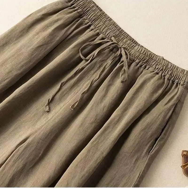 Pantalon en coton et lin noir pour femmes, décontracté, élastique, taille haute, ample, mode coréenne, jambes larges, longueur cheville, 2025