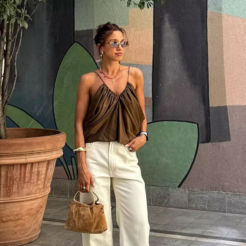Hauts à bretelles en Satin plissé pour femmes, haut sans manches, col en v, Sexy, Chic, été