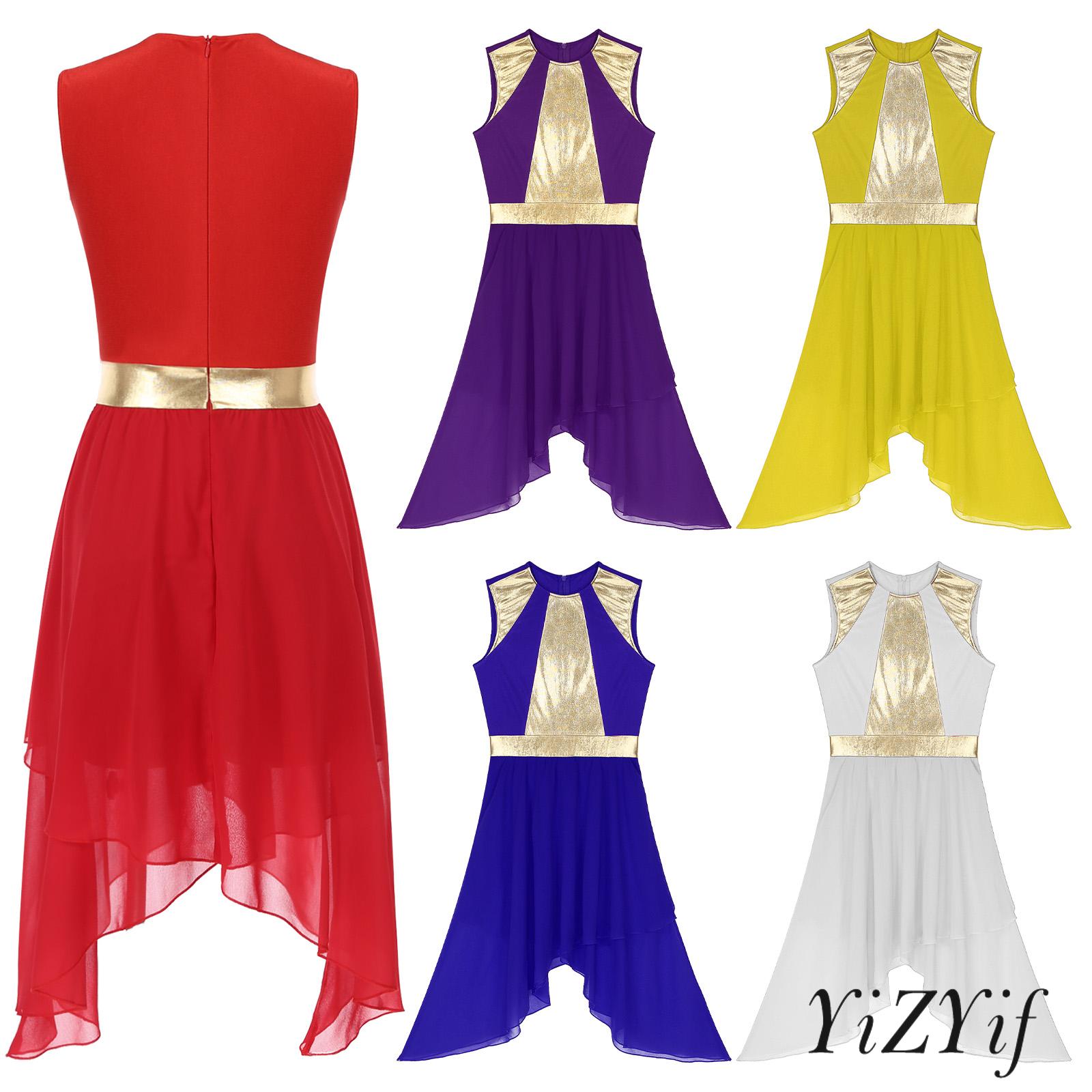 Robe de danse lyrique pour femmes, jupe asymétrique en mousseline de soie, Patchwork métallique brillant, fermeture éclair Invisible pour la compétition sur scène de bal
