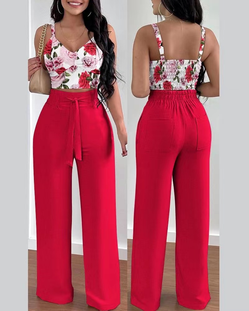 Tenue 2 pièces pour femmes, Sexy, col en v, bretelles froncées, Slim, haut court et pantalon à jambes larges, à lacets, costume de bureau élégant, 2025