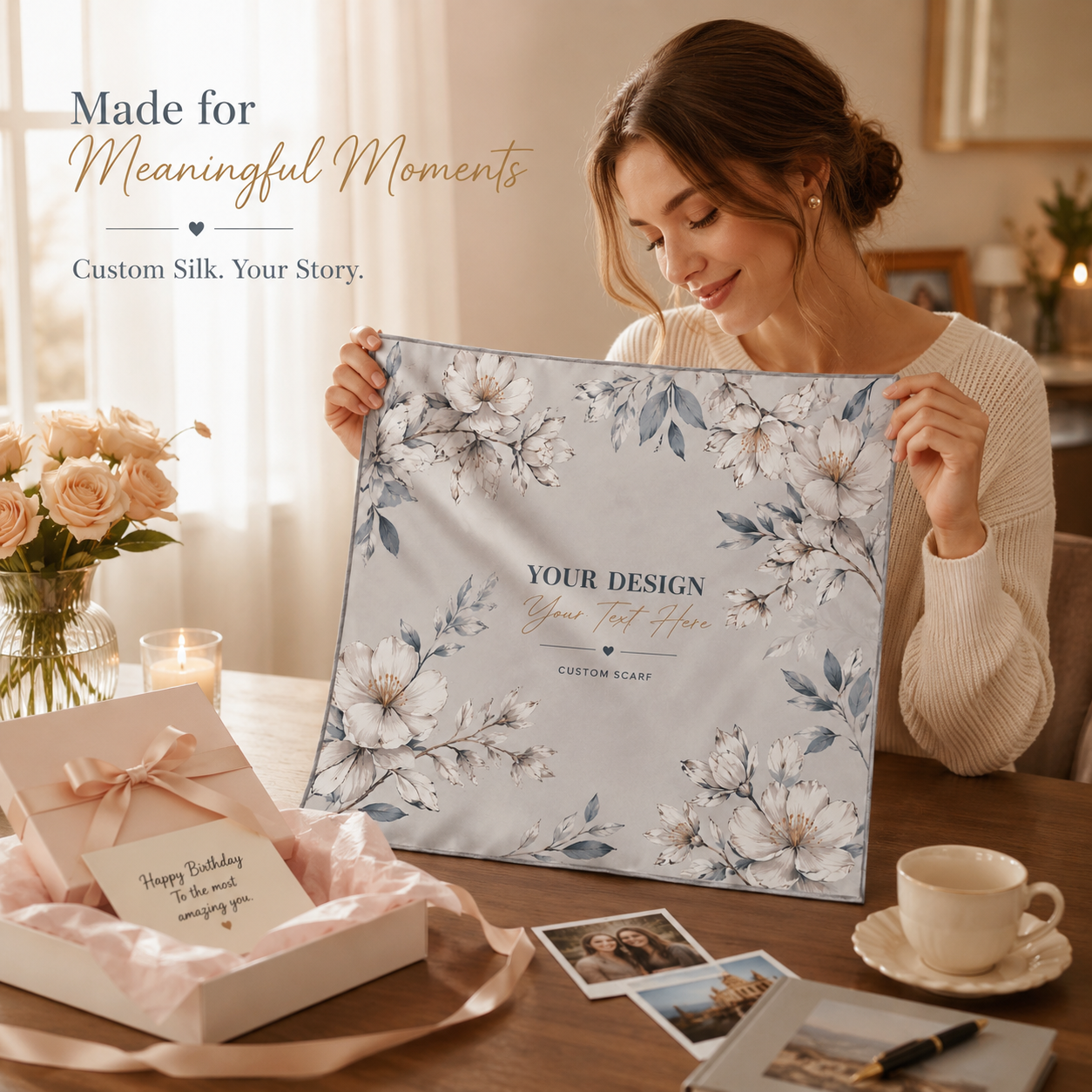 Écharpe en soie personnalisée avec photo, écharpe avec image personnalisée, cadeau souvenir pour maman, femme, amie, anniversaire