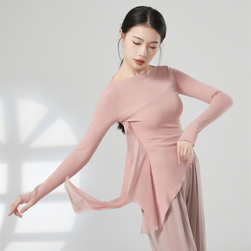 Haut de danse moderne pour femmes, chemise épissée en Tulle à manches longues, ourlet irrégulier, vêtements d'entraînement latin, haut Slim, chemisier à trous pour les pouces, vêtements de danse