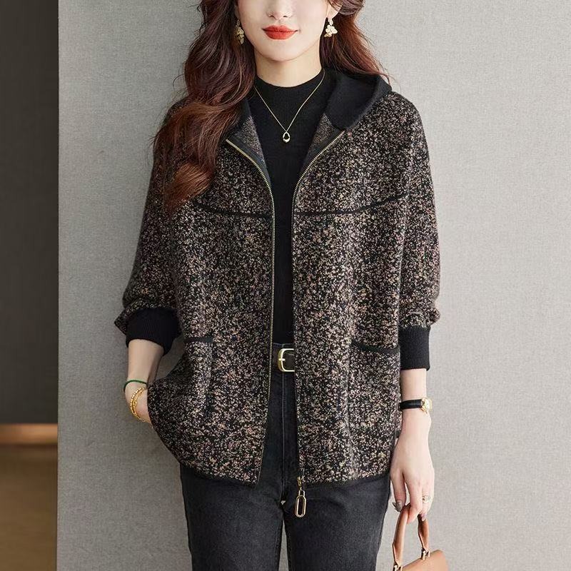 Manteau en Laine Tendance Automne Hiver pour Femme, Nouvelle Veste Décontractée à Capuche Zippée pour Mère d'Âge Moyen, Vêtement d'Extérieur
