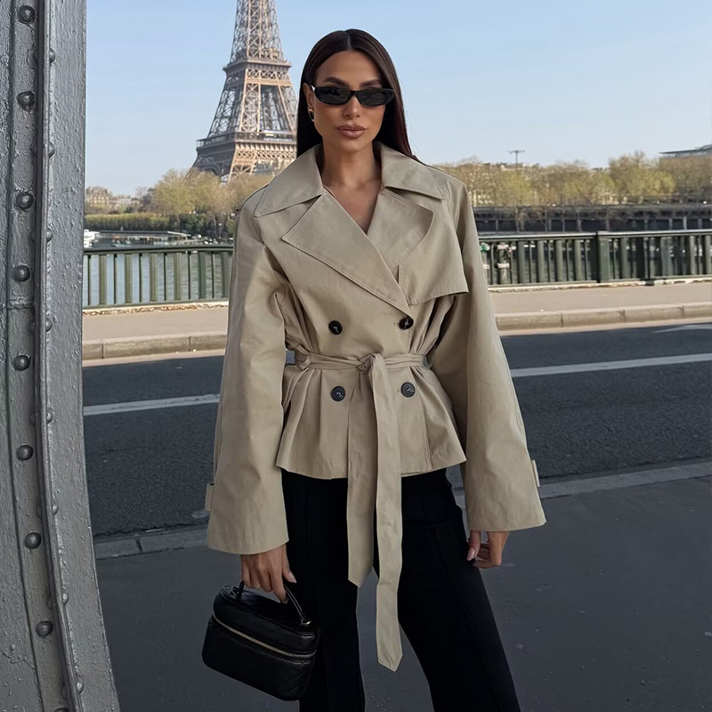 Veste Courte Ceinturée Khaki pour Femme, Nouvelle Collection Printemps 2026, Tendance Automne, Chic et Décontractée, Vêtement d'extérieur pour Femme