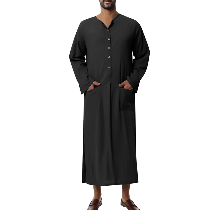 Robes musulmanes pour hommes, couleur unie, manches longues, poches en coton, boutonné, loisirs, Vintage, caftan arabe islamique, dubaï, nouveau