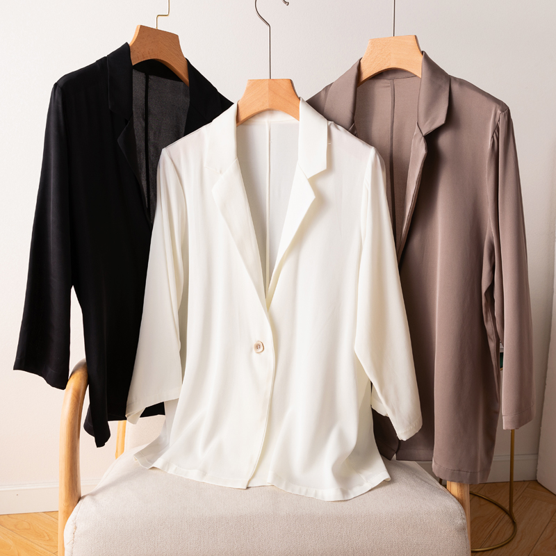 Blazer en soie pour femmes, 95% soie de mûrier, 5% élasthanne, 19 momme, couleurs unies, manches 3/4, manteau à un bouton, MM147