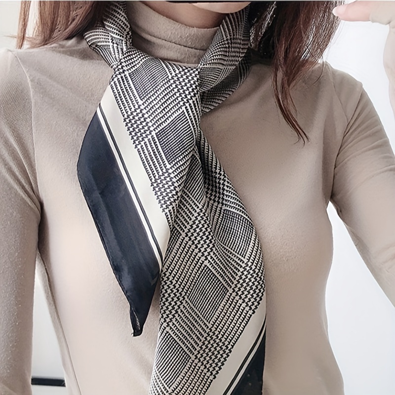 Foulard carré pied-de-poule noir et gris, 27,58 pouces, style Boho, sensation de soie fine, petit foulard décoratif professionnel pour femmes